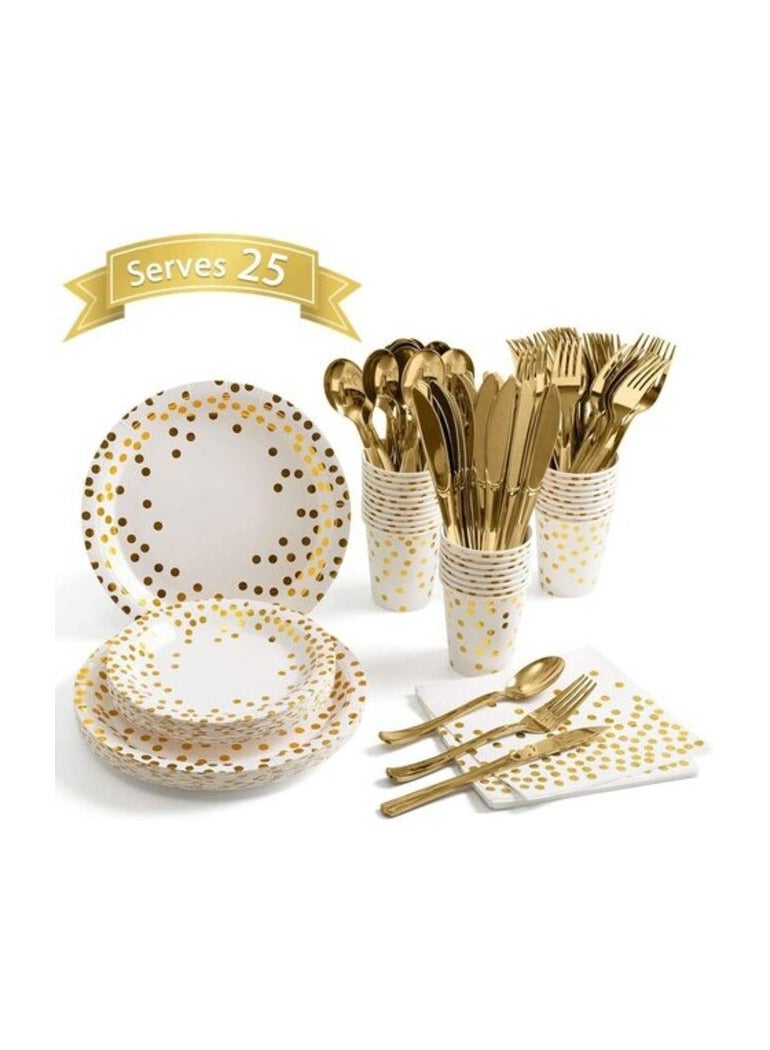 Promass - 175 Pieces Serves 25 Rose Gold Party Supplies Dot on White Paper Plates and Napkins Cups Wedding Bridal Shower Birthday (Gold) - Image 1