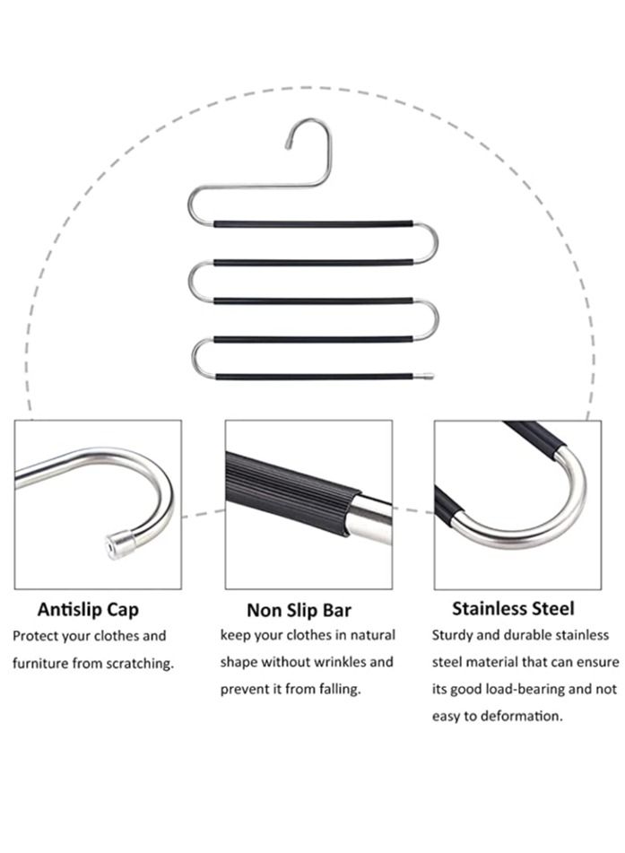 DUSALA Pants Hangers S-Shape 5 Layers Stainless Steel with Black Silicone Coating Multi Clothes Cascading Hangers Space Saving Clothes Organizer for Jeans Pants Scarf Ties Towels(5pcs) - Image 5