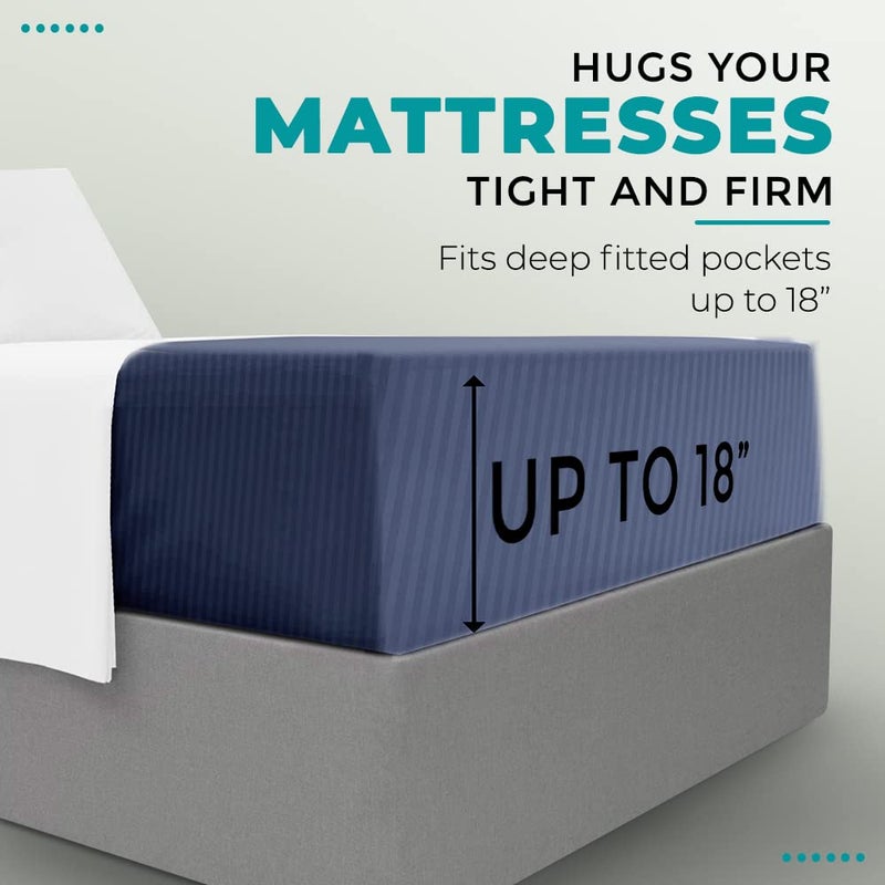 FEATHER & STITCH NEW Feather & Stitch 100% Cotton 1 Piece Damask Stripe Queen Fitted Sheet 500 Thread Count Dark Blue 18"" Extra Deep Pocket Luxury Sateen Weave Stretchable Boxer Elastic Fits Mattress Perfectly  - Image 4
