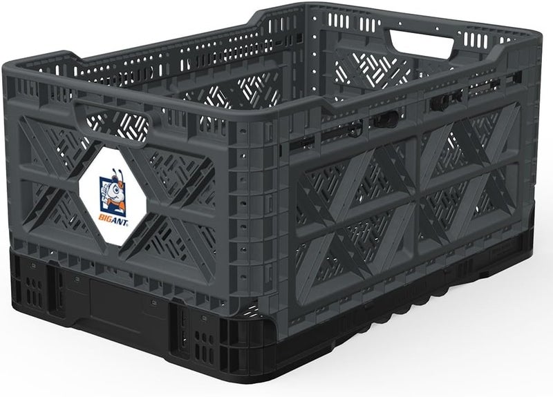 BIGANT Heavy Duty Collapsible & Stackable Plastic Milk Crate - Snap Lock Foldable Industrial Garage Storage Bin Container Utility Tote Basket (Charcoal Gray, 1 Medium Crate) - Image 1