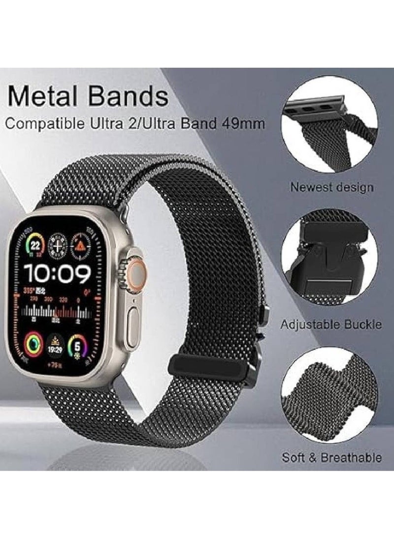 Adjustable Metal Strap for Apple Watch Ultra  Ultra 2 - Milanese Loop Stainless Steel Mesh Band for 49mm, 46mm, 45mm, 44mm (Black) - Image 2