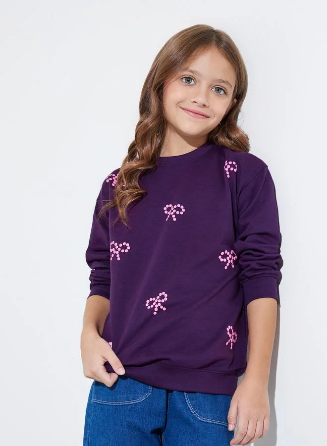 ستايلي Girls Purple Bow Print Regular Fit Sweatshirt