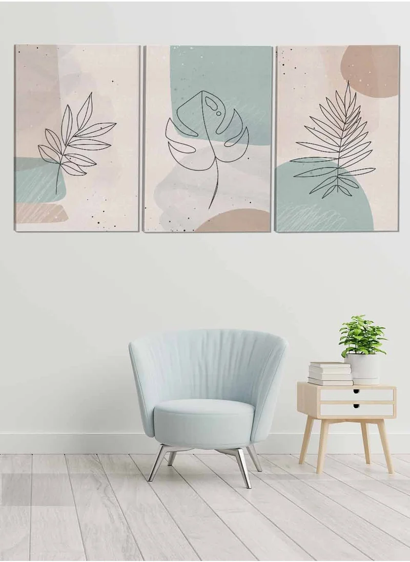 LOWHA Set Of 3 Canvas Wall Arts Stretched Over Wooden Frame Leaves Abstract Paintings