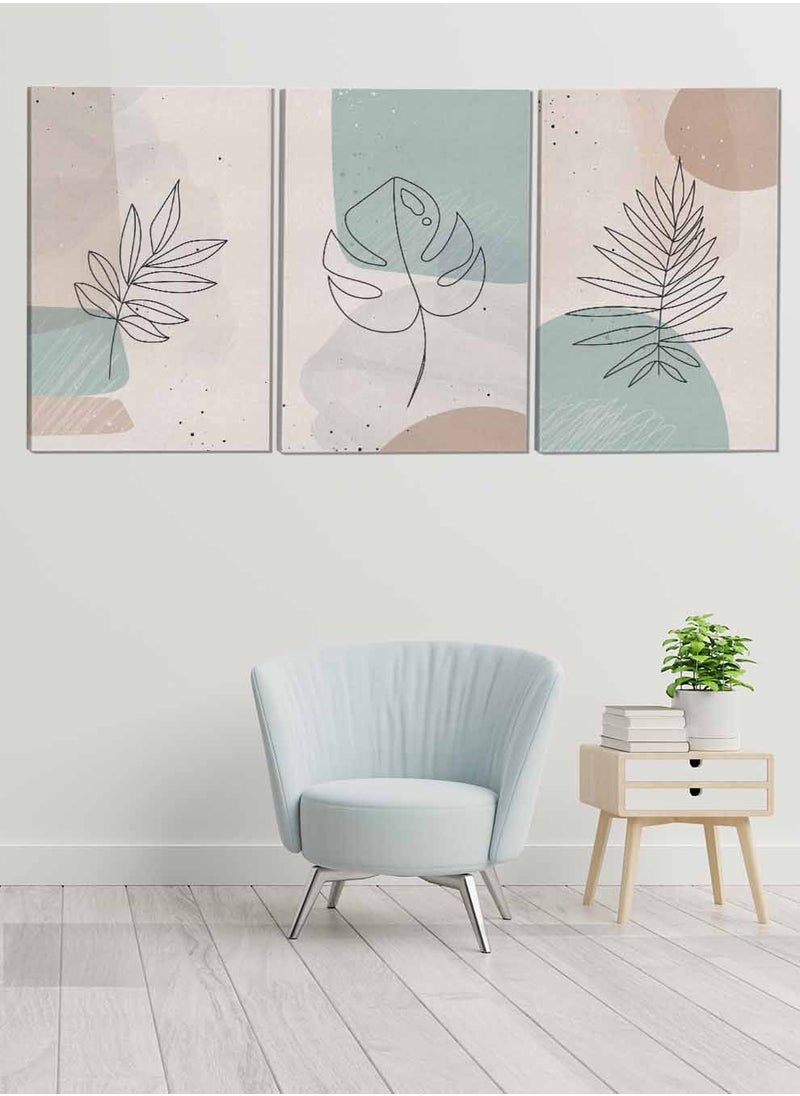 LOWHA Set Of 3 Canvas Wall Arts Stretched Over Wooden Frame Leaves Abstract Paintings  - Image 1