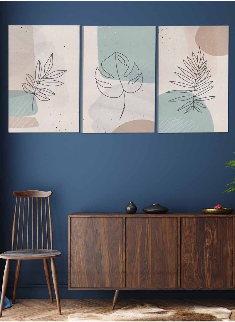 LOWHA Set Of 3 Canvas Wall Arts Stretched Over Wooden Frame Leaves Abstract Paintings  - Image 2
