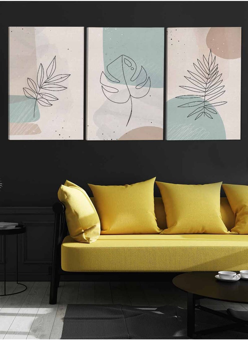 LOWHA Set Of 3 Canvas Wall Arts Stretched Over Wooden Frame Leaves Abstract Paintings  - Image 3