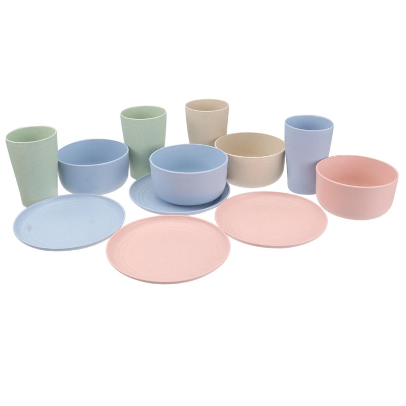 12 Piece Wheat Straw Tableware Set Bowls Cups Plates Microwave Safe Random Color - Image 2