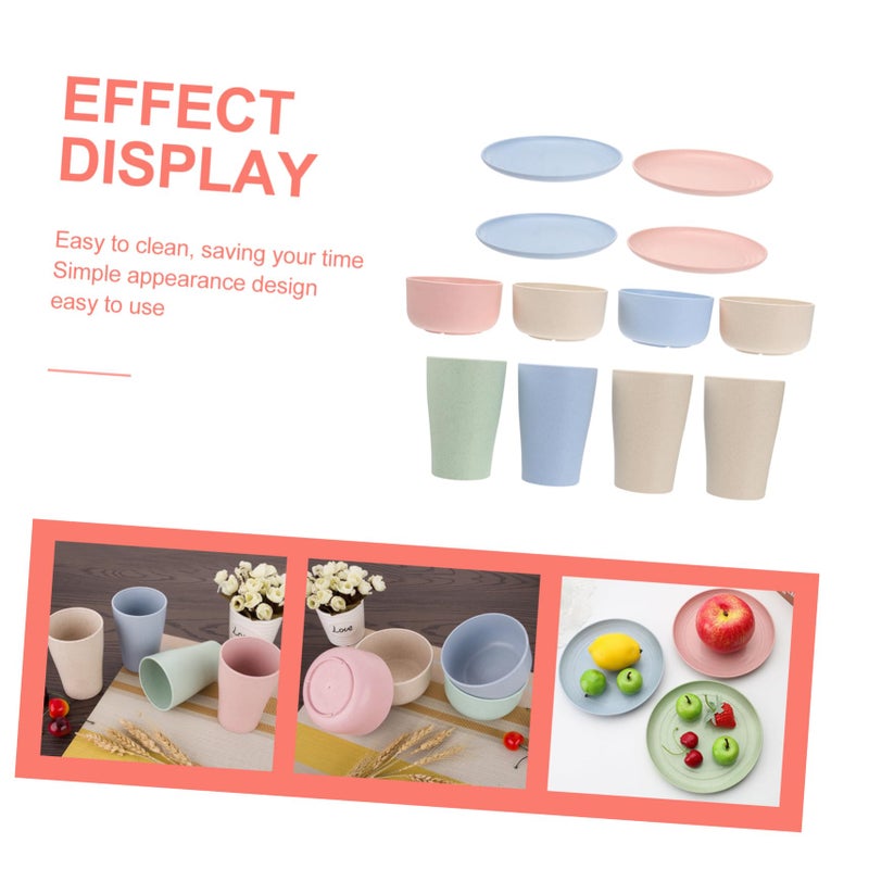 12 Piece Wheat Straw Tableware Set Bowls Cups Plates Microwave Safe Random Color - Image 5
