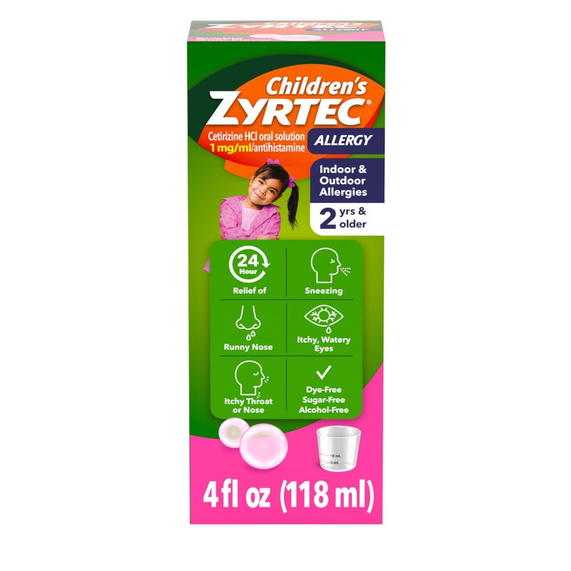 ZYRTEC Children's Zyrtec 24 Hour Allergy Relief Syrup, Cetirizine Hydrochloride Antihistamine, Allergy Medicine for Indoor & Outdoor Allergy Relief, Dye- & Sugar-Free, Bubble Gum, 4 fl. oz - Image 1