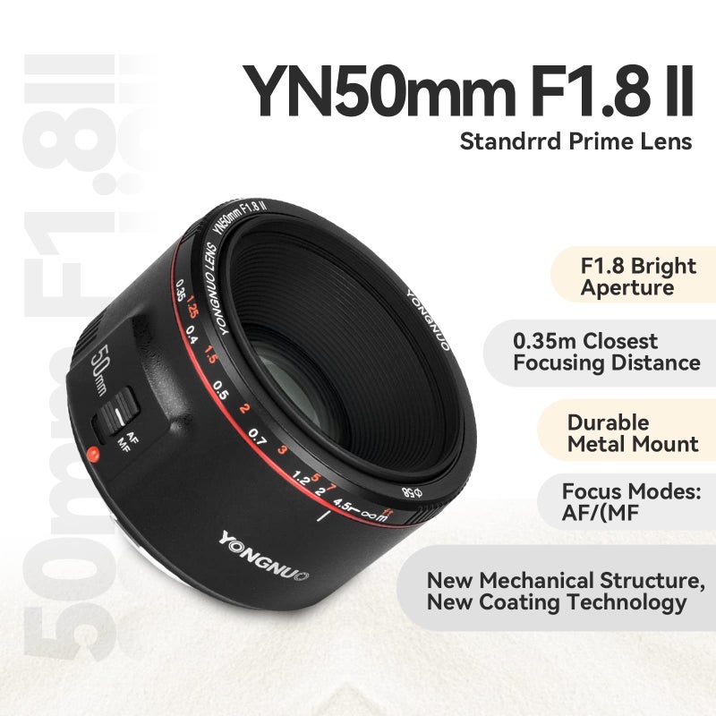 Yongnuo YN50MM F1.8 II AF/MF 0.35M Focus Distance Standard Prime Lens Black for Canon EF Mount EOS Cameras 5D IV 1DX I 200D II 850D 7D 6DII - Image 2