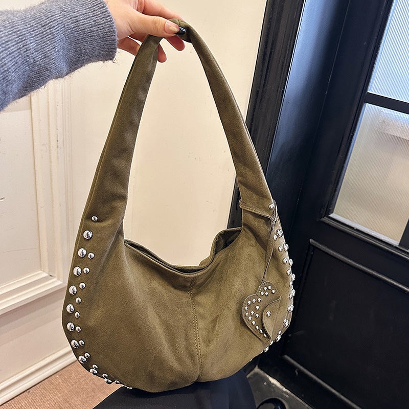 Deerskin Velvet Women'S Bag Shoulder Oblique Hanging Rivet Frosted Crescent Armpit Casual Tote Handbag - Image 5