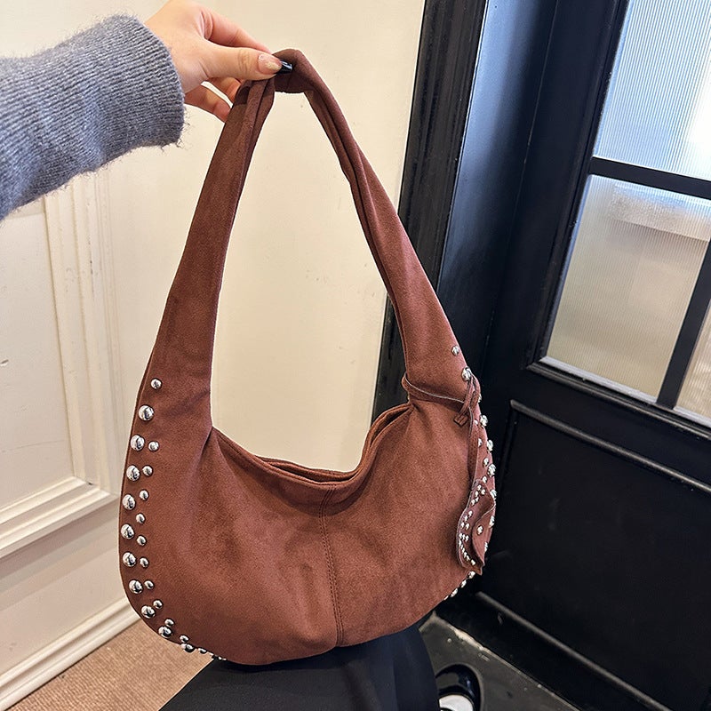 Deerskin Velvet Women'S Bag Shoulder Oblique Hanging Rivet Frosted Crescent Armpit Casual Tote Handbag - Image 4