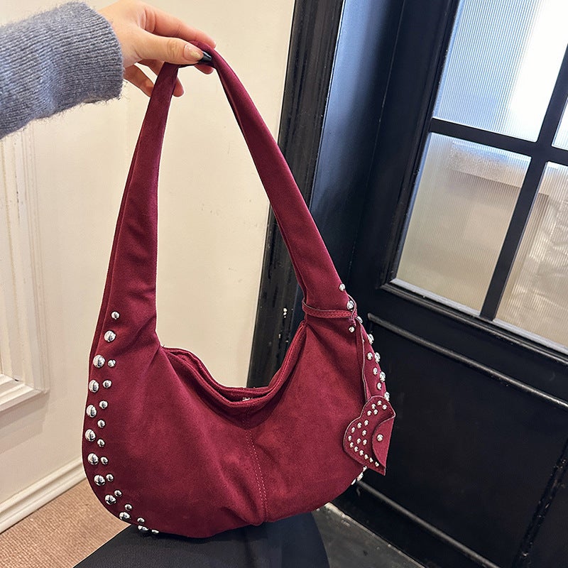 Deerskin Velvet Women'S Bag Shoulder Oblique Hanging Rivet Frosted Crescent Armpit Casual Tote Handbag - Image 2