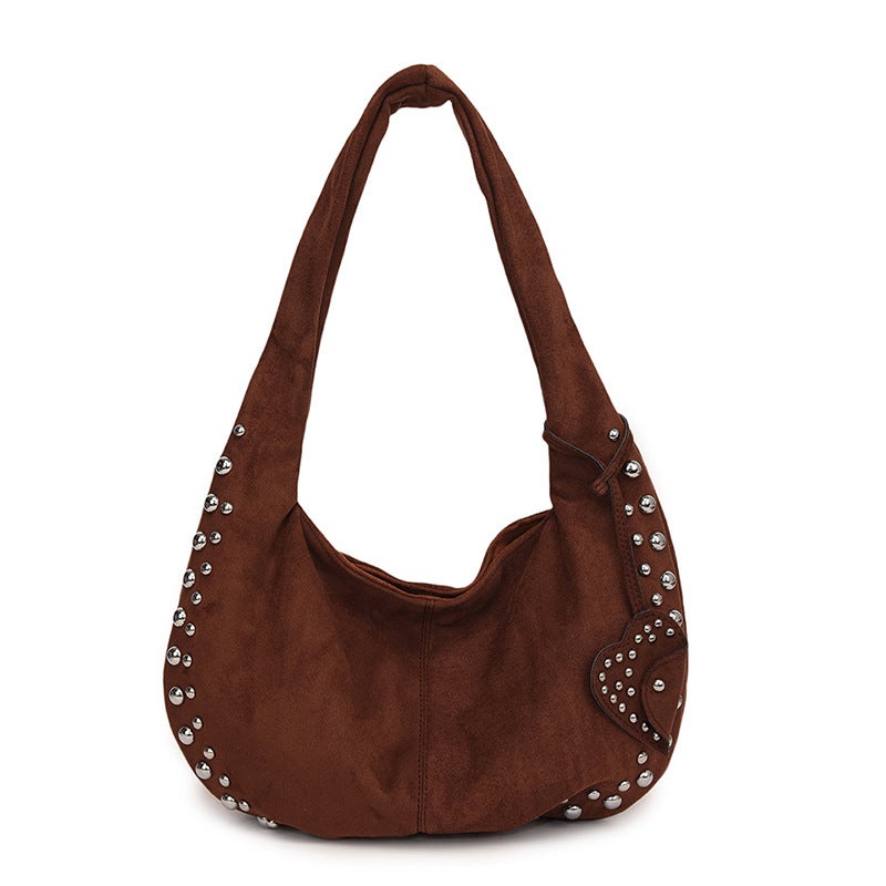 Deerskin Velvet Women'S Bag Shoulder Oblique Hanging Rivet Frosted Crescent Armpit Casual Tote Handbag - Image 1
