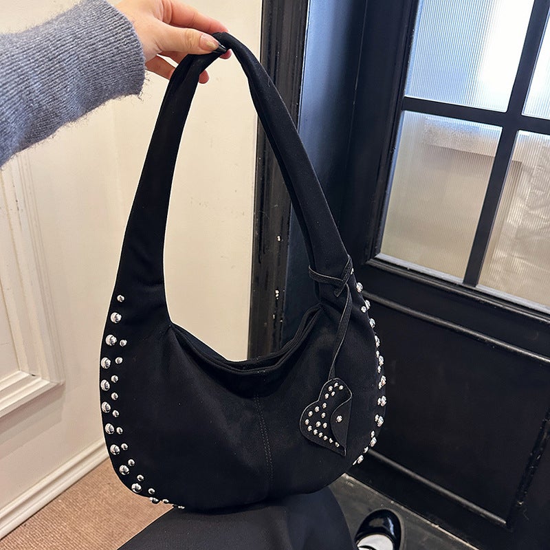 Deerskin Velvet Women'S Bag Shoulder Oblique Hanging Rivet Frosted Crescent Armpit Casual Tote Handbag - Image 3