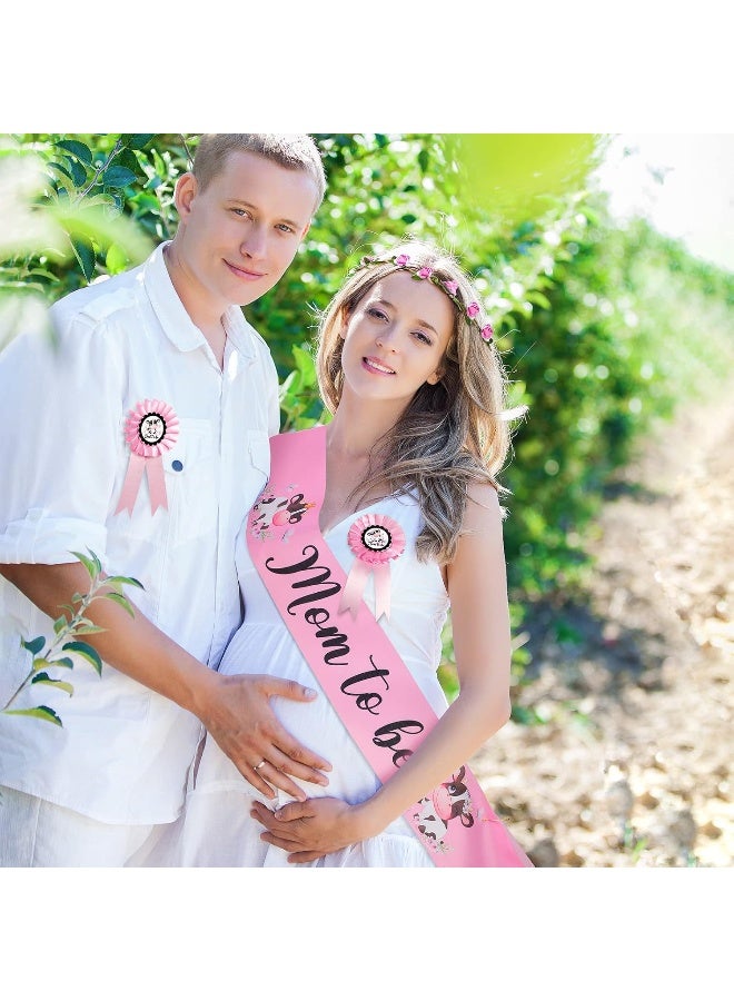 Chunful Chunful Cow Theme Pink Mom to Be Sash Baby Shower Dad to Be Pin and Flower Crown Headband for Gender Reveals Party Baby Shower Party Decorations for Boys and Girls Pregnancy Props Keepsake Gift - Image 2