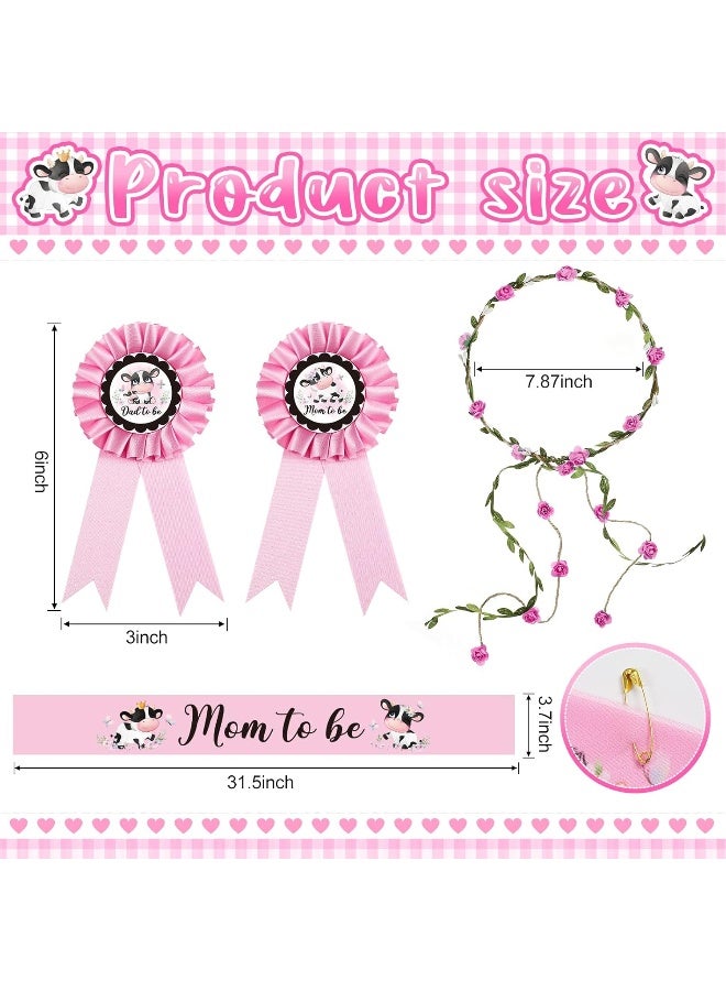Chunful Chunful Cow Theme Pink Mom to Be Sash Baby Shower Dad to Be Pin and Flower Crown Headband for Gender Reveals Party Baby Shower Party Decorations for Boys and Girls Pregnancy Props Keepsake Gift - Image 3