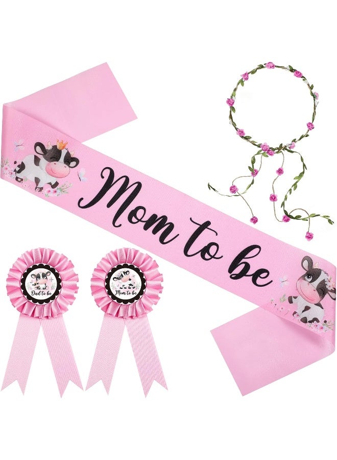 Chunful Chunful Cow Theme Pink Mom to Be Sash Baby Shower Dad to Be Pin and Flower Crown Headband for Gender Reveals Party Baby Shower Party Decorations for Boys and Girls Pregnancy Props Keepsake Gift - Image 1