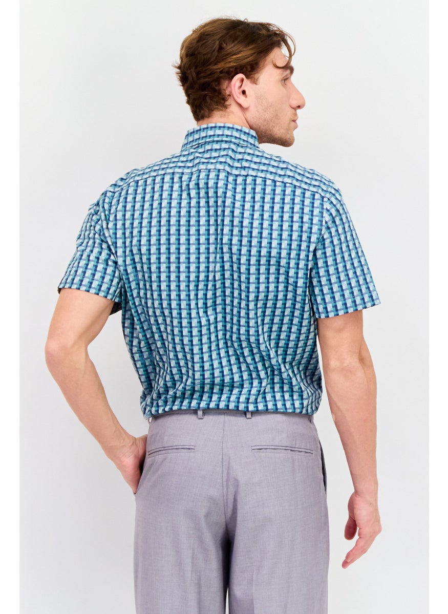 PERRY ELLIS Men Regular Fit Short Sleeves Gingham Print Casual Shirt,  Teal Green Combo  - Image 3