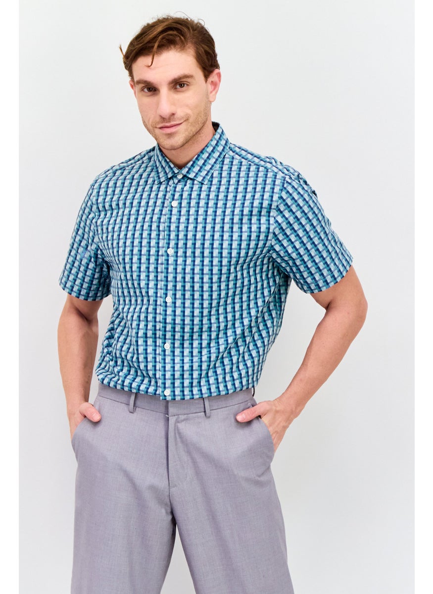 PERRY ELLIS Men Regular Fit Short Sleeves Gingham Print Casual Shirt,  Teal Green Combo  - Image 1