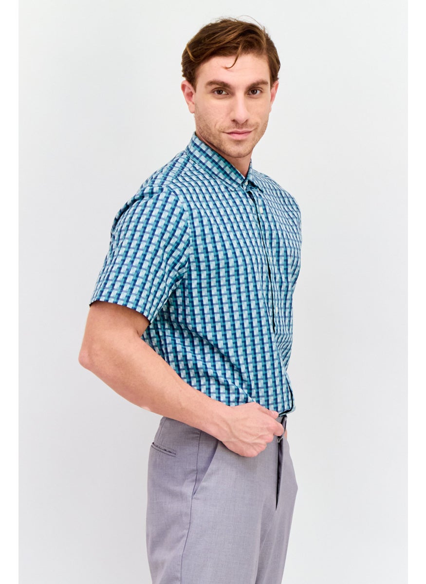 PERRY ELLIS Men Regular Fit Short Sleeves Gingham Print Casual Shirt,  Teal Green Combo  - Image 2