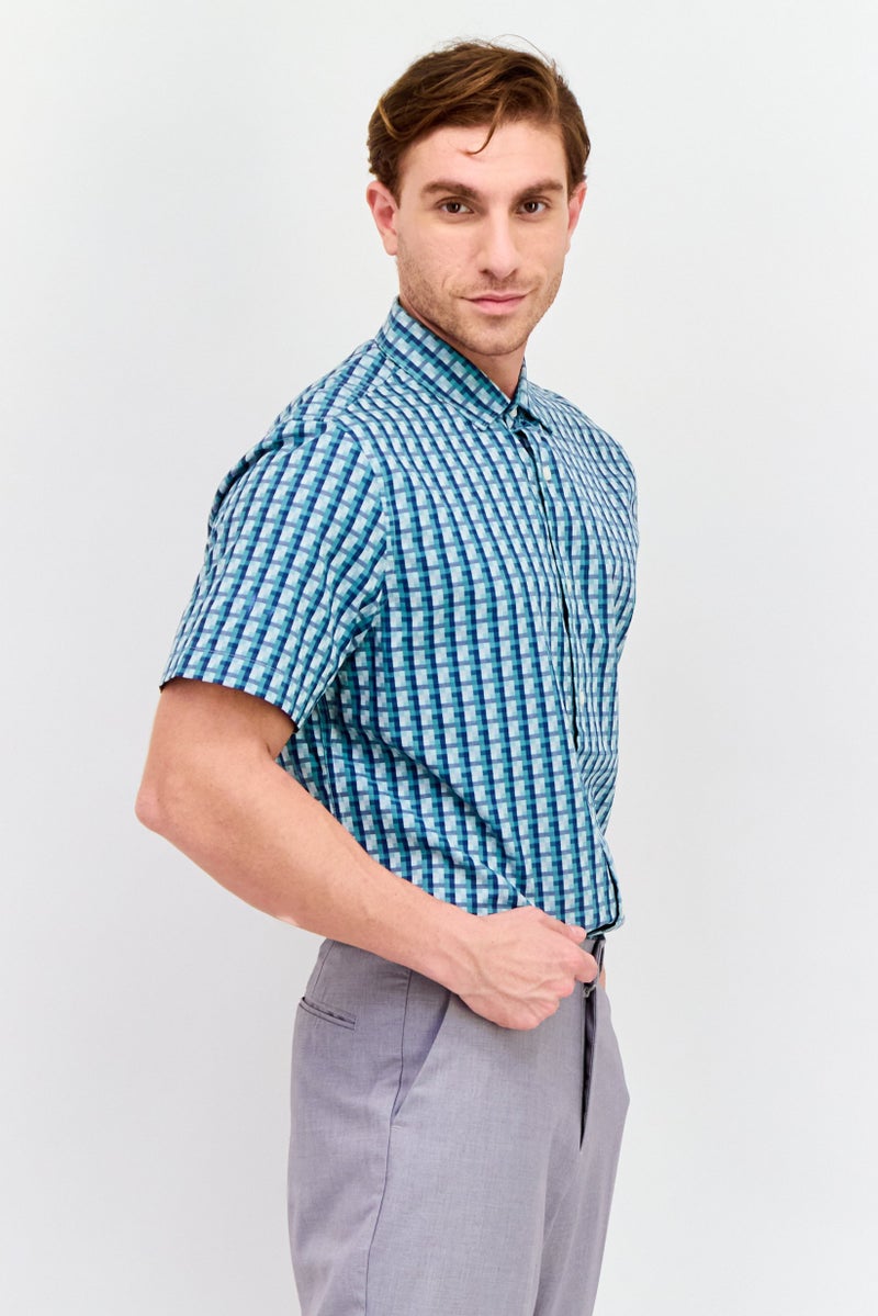 PERRY ELLIS قميص كاجوال بأكمام قصيرة بتصميم قماش غينغهام للرجال، مجموعة أخضر مزرق - Image 2