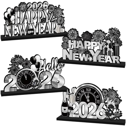 CHYAGCLT 4Pcs New Years Decorations 2026 Wooden Table Decorations Black Silver New Years Eve Party Supplies 2026 Happy New Year Table Centerpieces for Nye decorations - Image 1