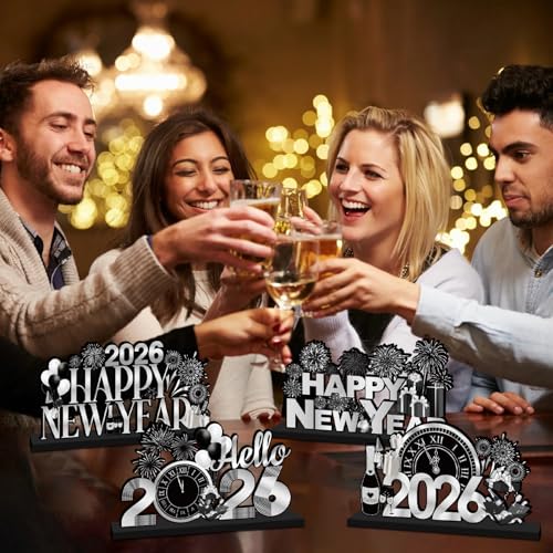 CHYAGCLT 4Pcs New Years Decorations 2026 Wooden Table Decorations Black Silver New Years Eve Party Supplies 2026 Happy New Year Table Centerpieces for Nye decorations - Image 5