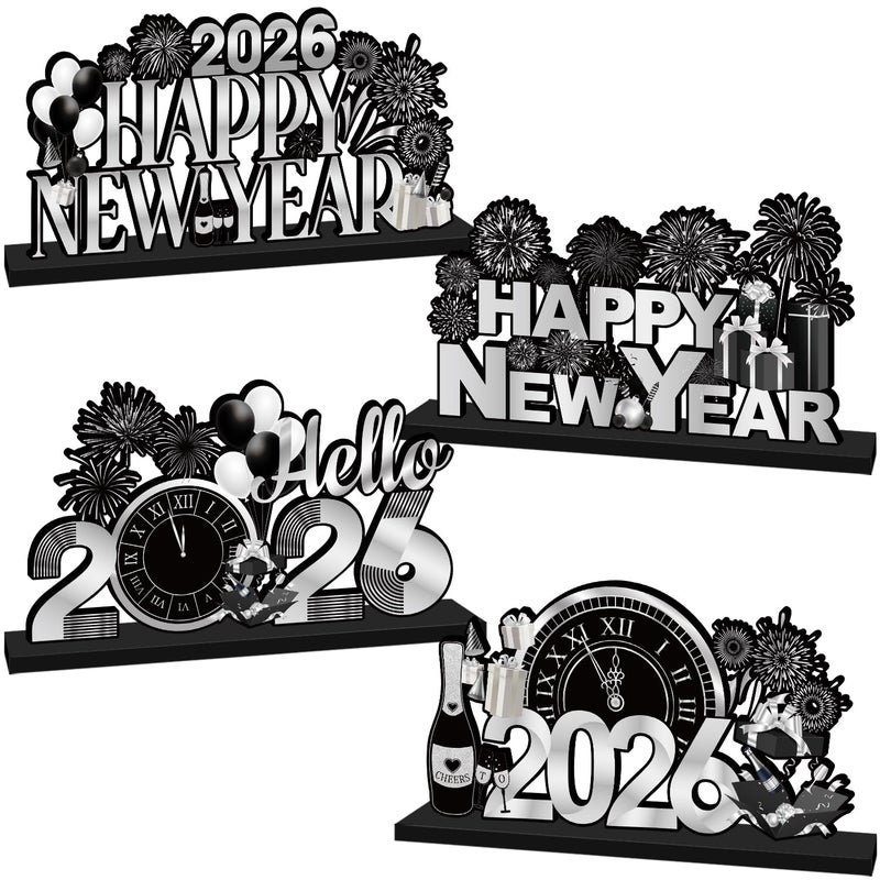 CHYAGCLT 4Pcs New Years Decorations 2026 Wooden Table Decorations Black Silver New Years Eve Party Supplies 2026 Happy New Year Table Centerpieces for Nye decorations - Image 3