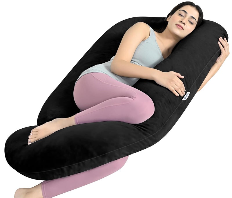 Cherilo Cherilo Full Body G Shaped Pregnancy Pillow for Pregnant Women and Nursing Mom Single Pillow for Multipurpose Use During Maternity Premium Velvet Outer Cover with Zip Black