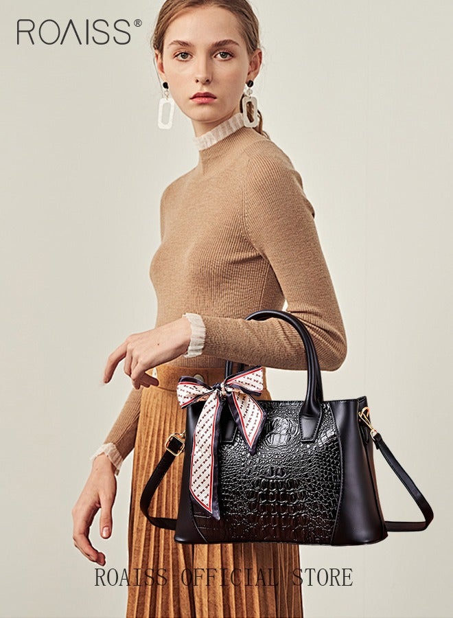 roaiss Crocodile Pattern Handbag for Women with Silk Scarf Fashion Large Capacity Shoulder Bag Nonslip Wear Resistant Crossbody Bag Suitable for Birthday Gifts or Ramadan  - Image 2