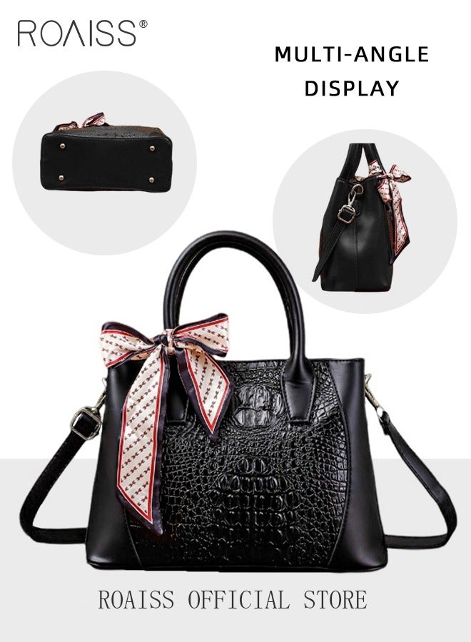 roaiss Crocodile Pattern Handbag for Women with Silk Scarf Fashion Large Capacity Shoulder Bag Nonslip Wear Resistant Crossbody Bag Suitable for Birthday Gifts or Ramadan  - Image 5