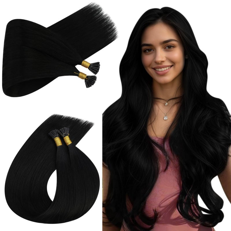 Ugeat Black I Tip Hair Extensions Human Hair Jet Black Itip Human Hair Extensions Dark Color Short Length 14 Inch Invisible I Tip By Cold Fusion Low Damage for Women Thicker 50S