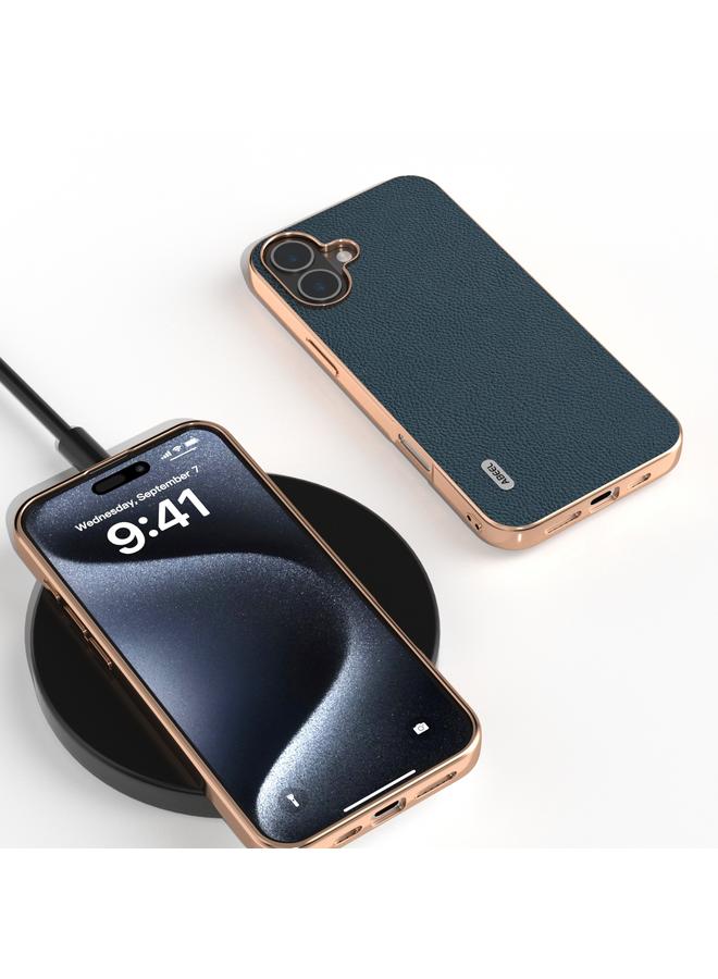 S-TOP Case For iPhone 16 Plus ABEEL Electroplating Frame Genuine Leather + PC Litchi Texture Phone Case - Image 2