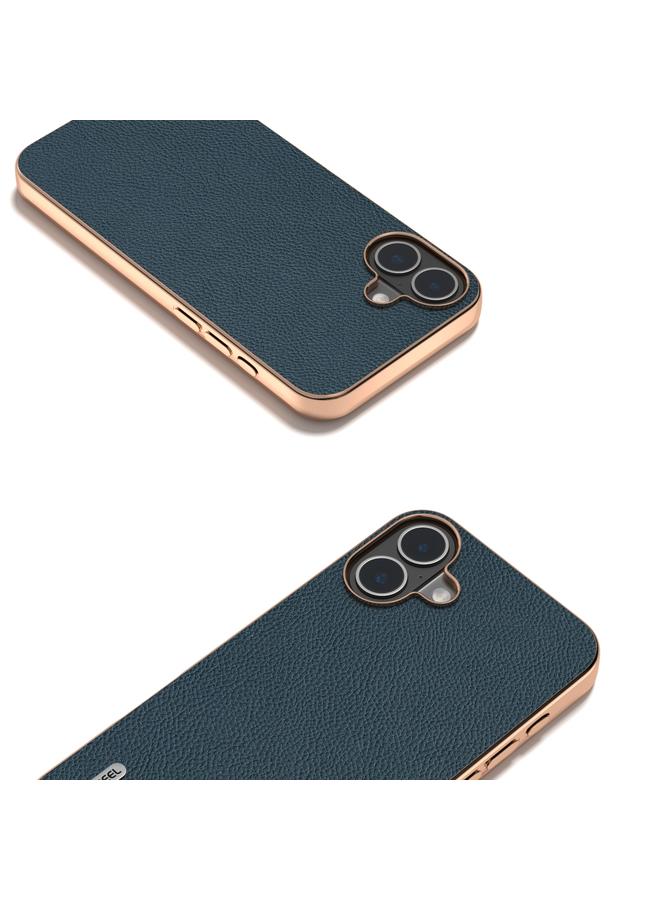 S-TOP Case For iPhone 16 Plus ABEEL Electroplating Frame Genuine Leather + PC Litchi Texture Phone Case - Image 3