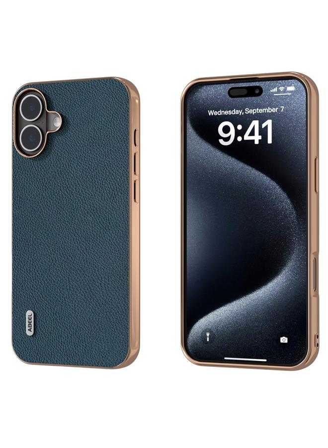 S-TOP Case For iPhone 16 Plus ABEEL Electroplating Frame Genuine Leather + PC Litchi Texture Phone Case - Image 1