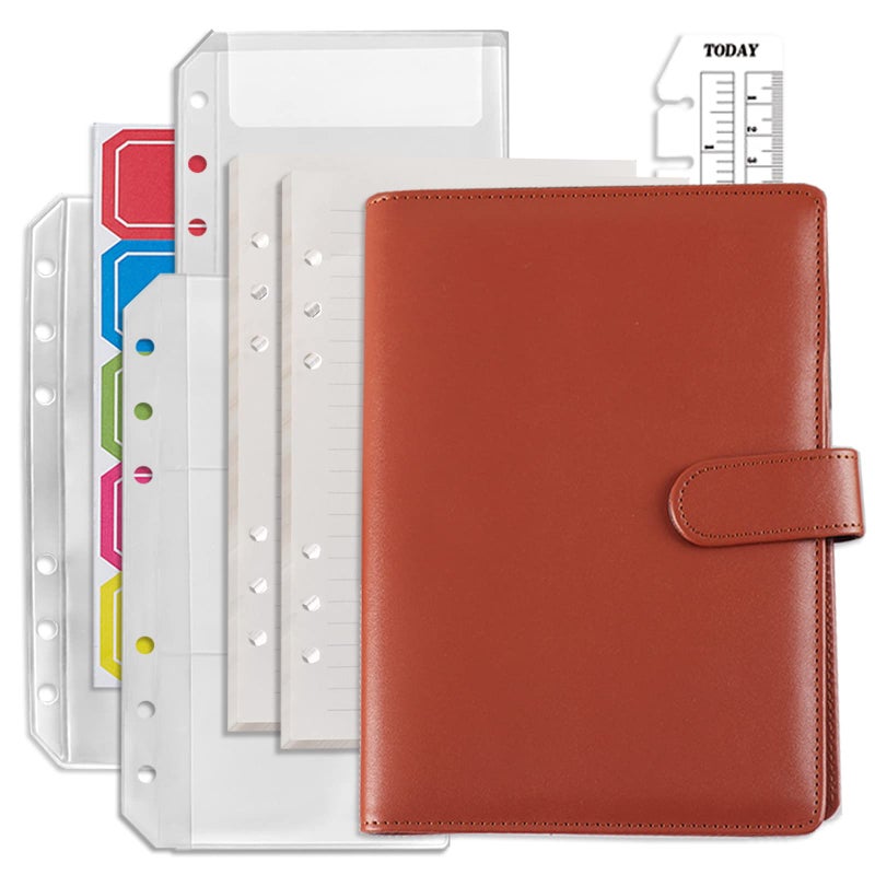 DY.2ten Refillable A6 Notebook Set with Cover - 6 Hole Loose Leaf PU Binder Cover + 90 sheets (180 Pages) of Lined Paper + 1pcs A6 Zipper Binder Pockets + 2pcs A6 storing bag+Index Note Tabs+Ruler - Image 1
