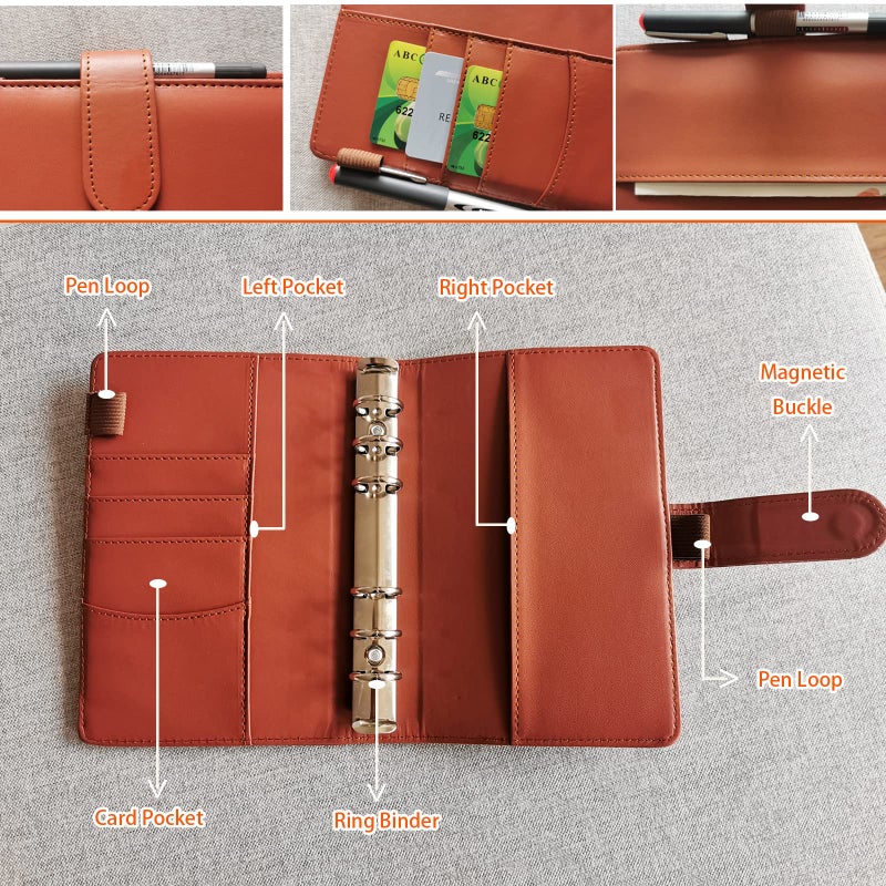 DY.2ten Refillable A6 Notebook Set with Cover - 6 Hole Loose Leaf PU Binder Cover + 90 sheets (180 Pages) of Lined Paper + 1pcs A6 Zipper Binder Pockets + 2pcs A6 storing bag+Index Note Tabs+Ruler - Image 3