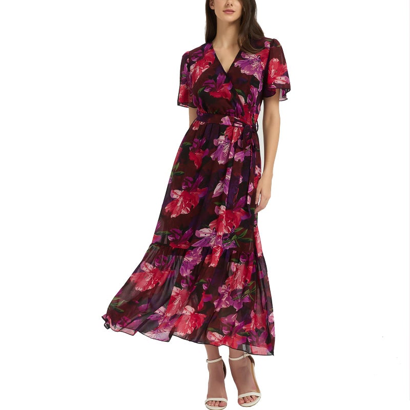 Max Hsuan Women's Summer Bohemian Floral Chiffon Dress Cap Sleeve V Neck Ruffle Long Flowy Boho Casual Vacation Dresses - Image 1