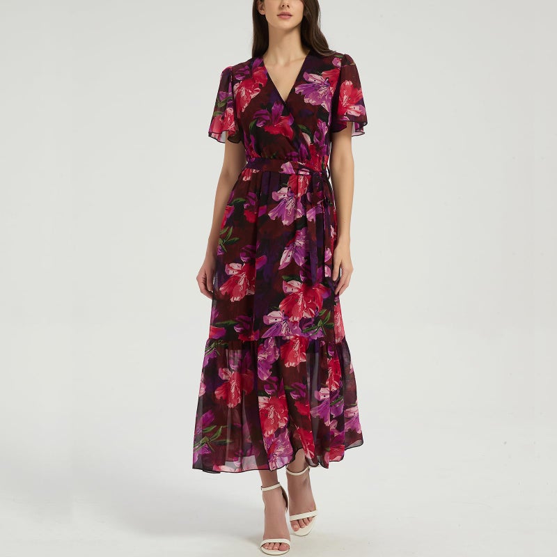 Max Hsuan Women's Summer Bohemian Floral Chiffon Dress Cap Sleeve V Neck Ruffle Long Flowy Boho Casual Vacation Dresses - Image 3