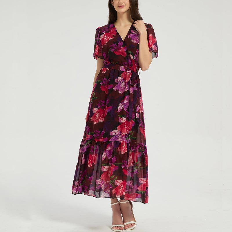Max Hsuan Women's Summer Bohemian Floral Chiffon Dress Cap Sleeve V Neck Ruffle Long Flowy Boho Casual Vacation Dresses - Image 2