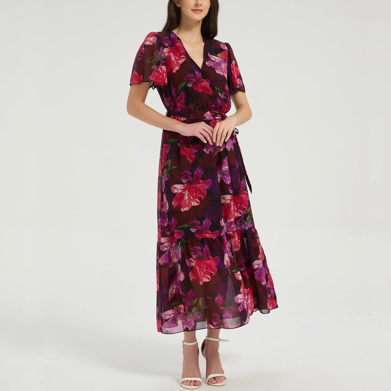 Max Hsuan Women's Summer Bohemian Floral Chiffon Dress Cap Sleeve V Neck Ruffle Long Flowy Boho Casual Vacation Dresses - Image 4