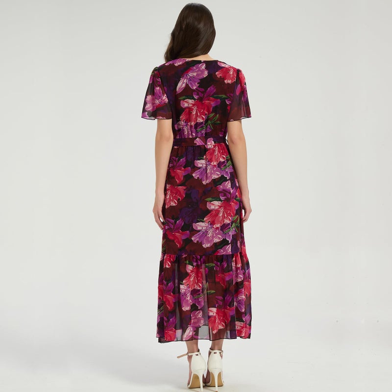Max Hsuan Women's Summer Bohemian Floral Chiffon Dress Cap Sleeve V Neck Ruffle Long Flowy Boho Casual Vacation Dresses - Image 5