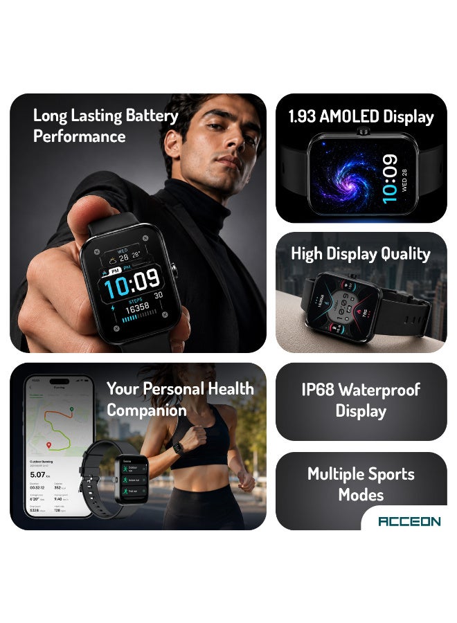 AcceOn Smartwatch 1.93" AMOLED Display, Bluetooth 5.4 Calling, Ultra Long Standby, Waterproof Fitness Tracker with Multiple Sports Modes & Magnetic Charging - Black - Image 2