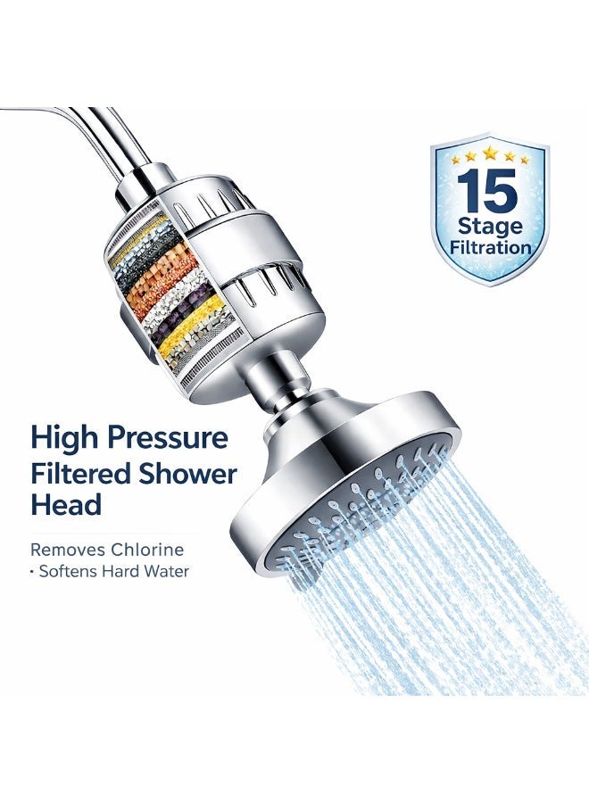 جوناريس رأس دش وفلتر دش من 15 مرحلة، ضغط عالي و5 إعدادات للرش، رأس دش مفلتر مع خرطوشة فلتر منقي المياه للمياه العسيرة لإزالة الكلور والمواد الضارة - Image 1