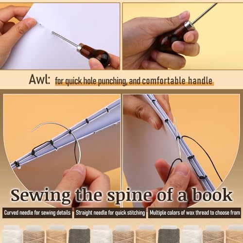 JUPEAN 33 Pcs Bookbinding Kits 4 Pcs Bone Folder Paper Creaser Paper Folding Tool Book Binding Supplies with Bookbinding Needle, Waxed Thread, Steel Ruler, Awl for Bookbinding, Paper Card Crafts - Image 5