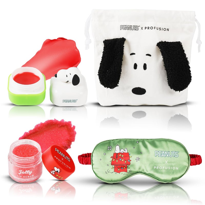 Profusion Cosmetics Peanuts Holiday Goodnight Set, Featuring A Lip Balm, Scrub, Snoopy Pouch and Eye Sleep Mask, Infused with Vitamin E - Image 1