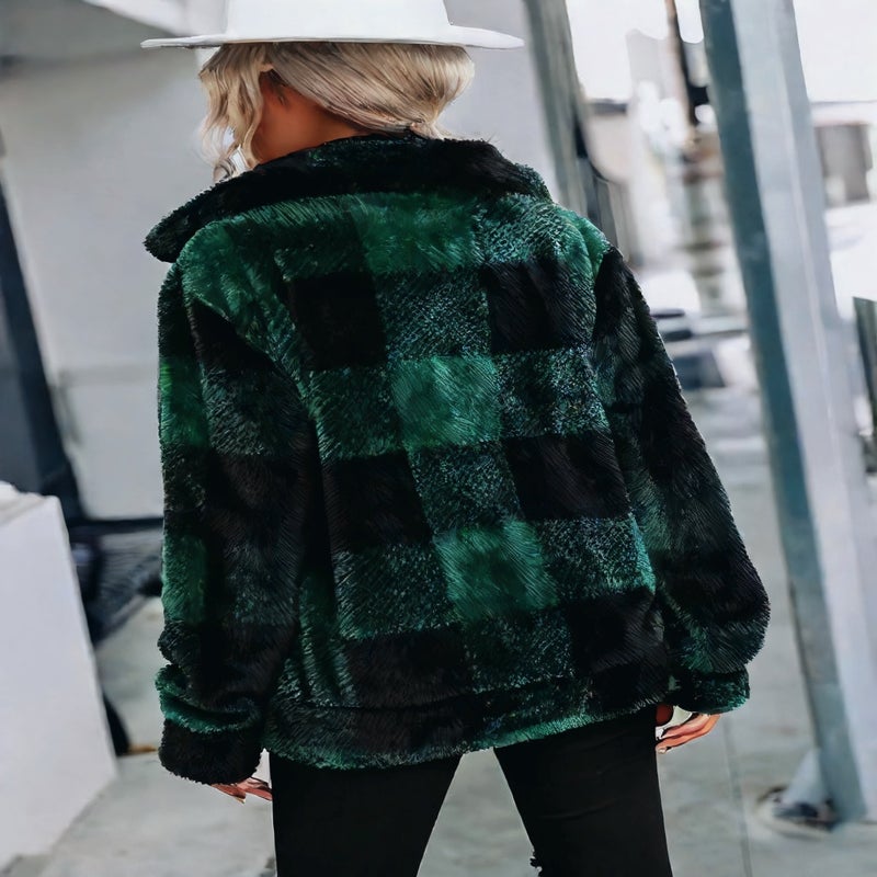 Fleece Lined Plaid Print Long Sleeve Stand Collar Mid-Length Zip Up Double Sided Faux Fur Jacket - Image 5