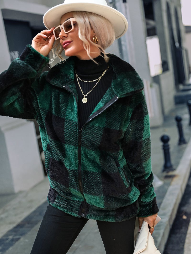 Fleece Lined Plaid Print Long Sleeve Stand Collar Mid-Length Zip Up Double Sided Faux Fur Jacket - Image 3