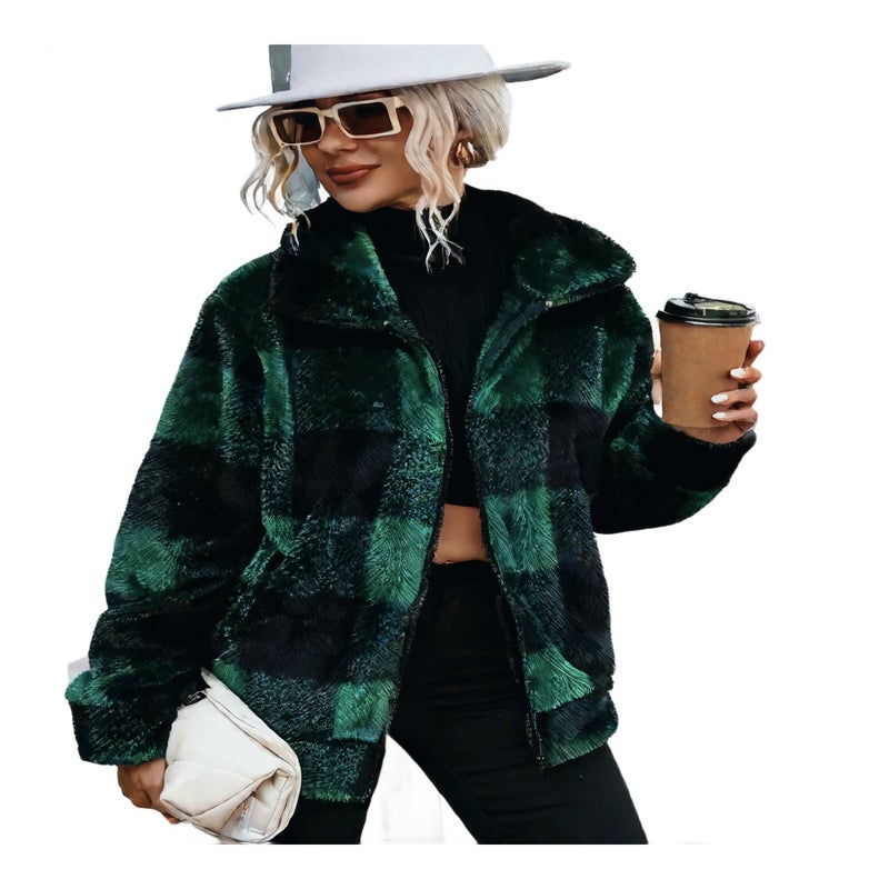 Fleece Lined Plaid Print Long Sleeve Stand Collar Mid-Length Zip Up Double Sided Faux Fur Jacket - Image 1